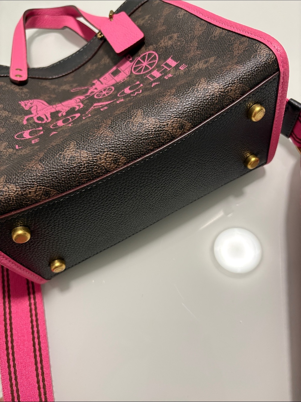 Coach Brown Signature Canvas Mini Tote with Pink Trim - Picture 4 of 5